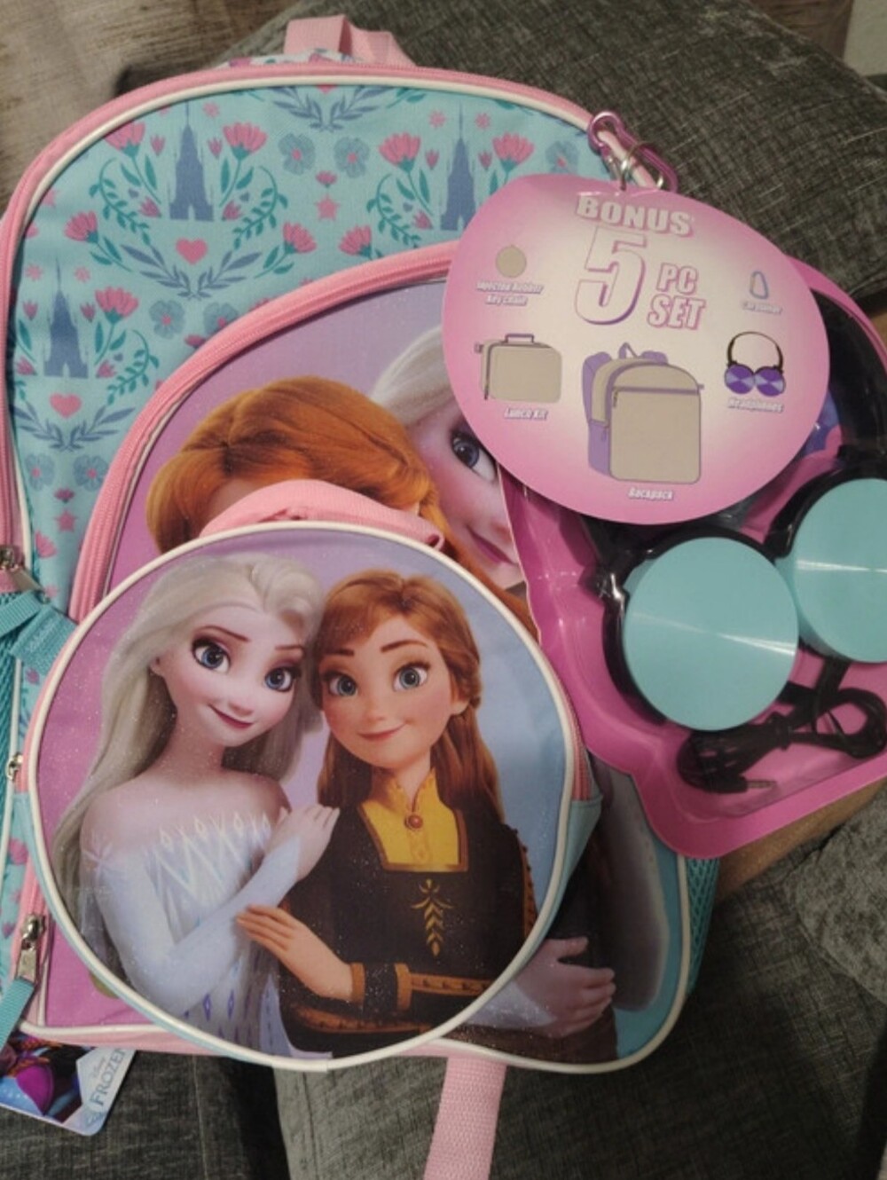 Frozen Kids Backpack Set - Pink & Light Blue 5 Piece Set Nwts